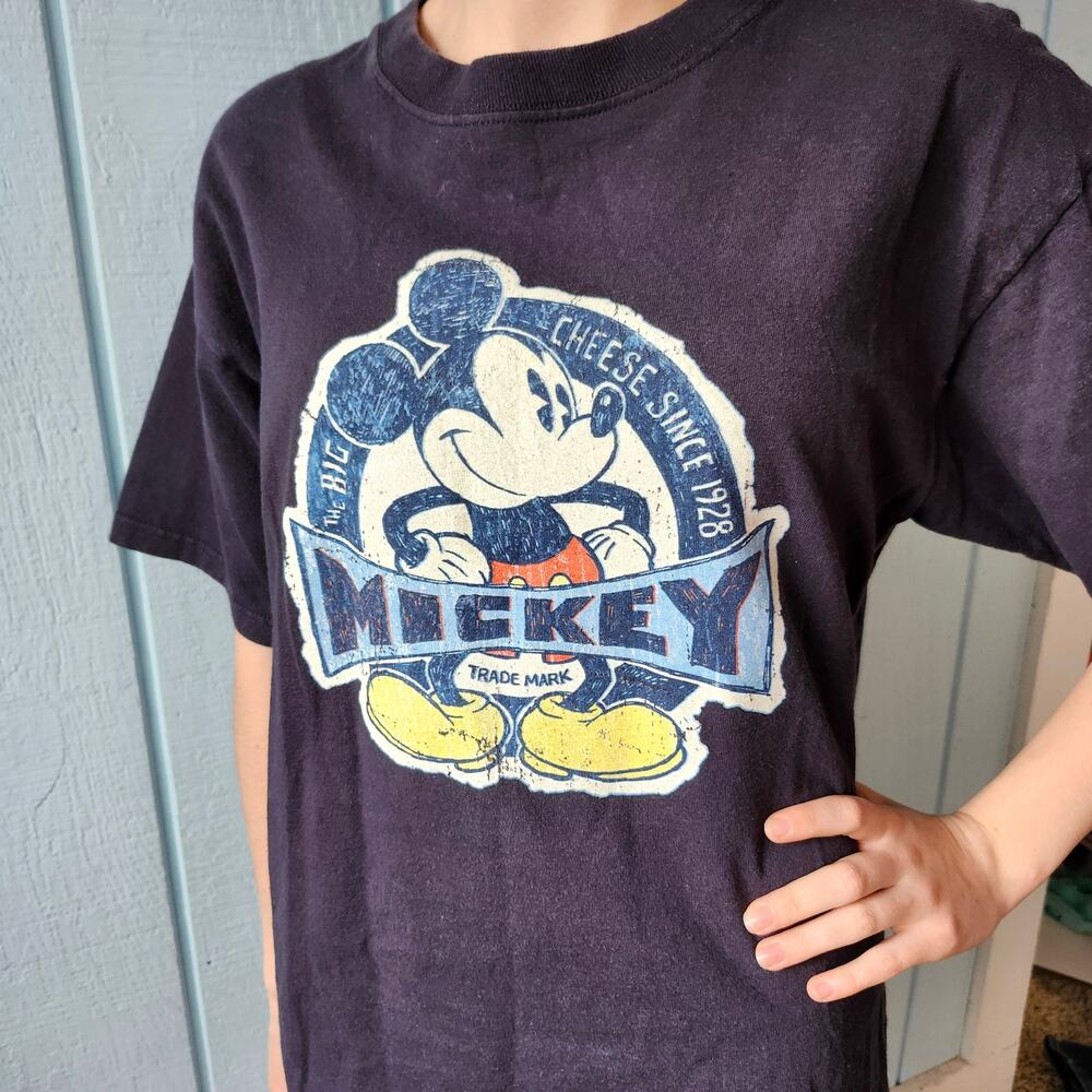 Vintage Disney Store Mickey Mouse T-Shirt Boxy Y2k Tee Navy Blue Distressed Sz.M